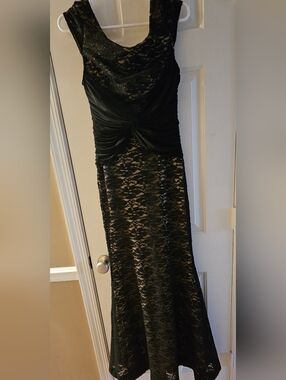 Scala Black Lace Maxi Dress with Ruched Bodice